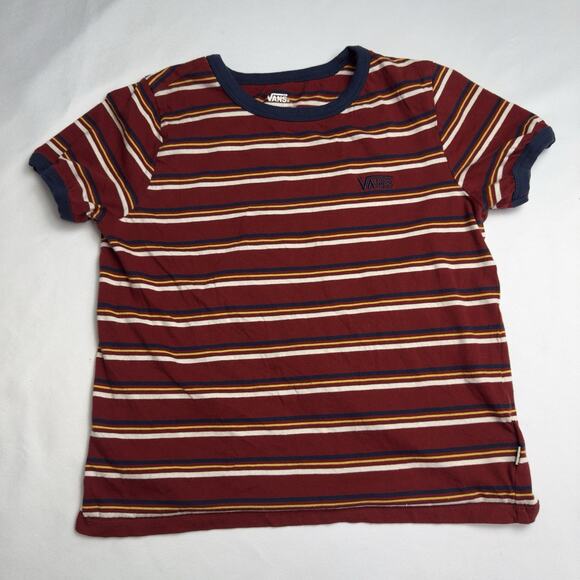 Vans Striped Ringer Tee Juniors Size Medium Dark Red Gold Navy White - Picture 1 of 6